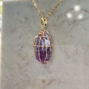 Natural Brazilian Amethyst Crystal
 Gold Wire Wrapped necklace P34
